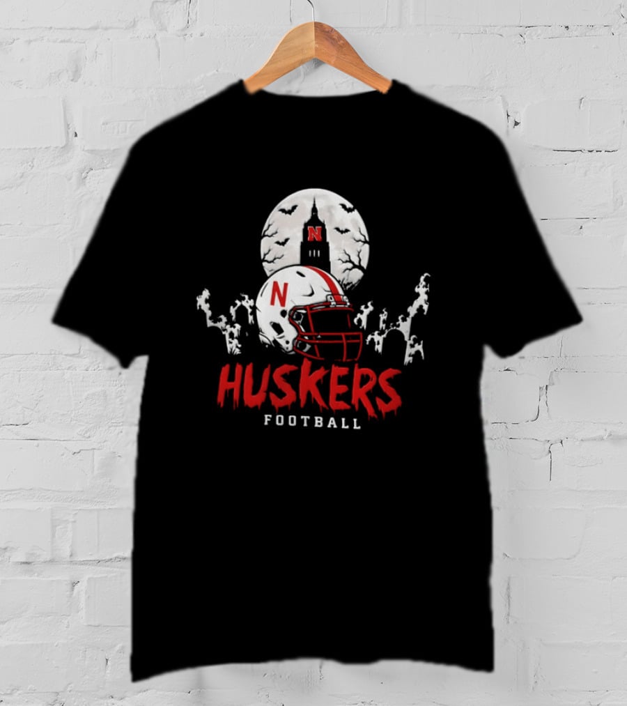 Nebraska Huskers Football Halloween Spooky Helmet Bats Moon 2026 T-Shirt