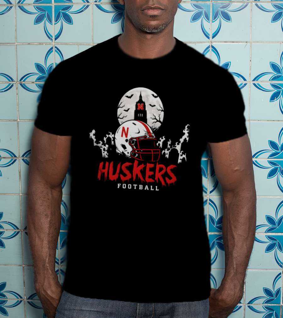 Nebraska Huskers Football Halloween Spooky Helmet Bats Moon 2026 T-Shirt