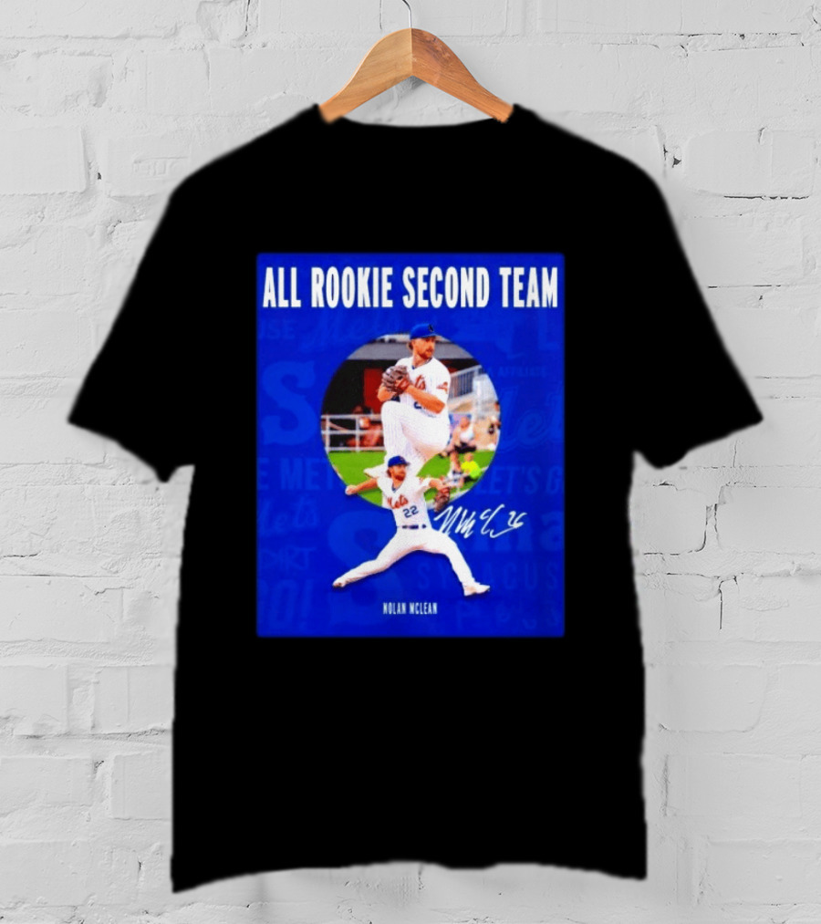 Nolan McLean No 22 Mets All Rookie Second Team Signature Pitching Action T-Shirt