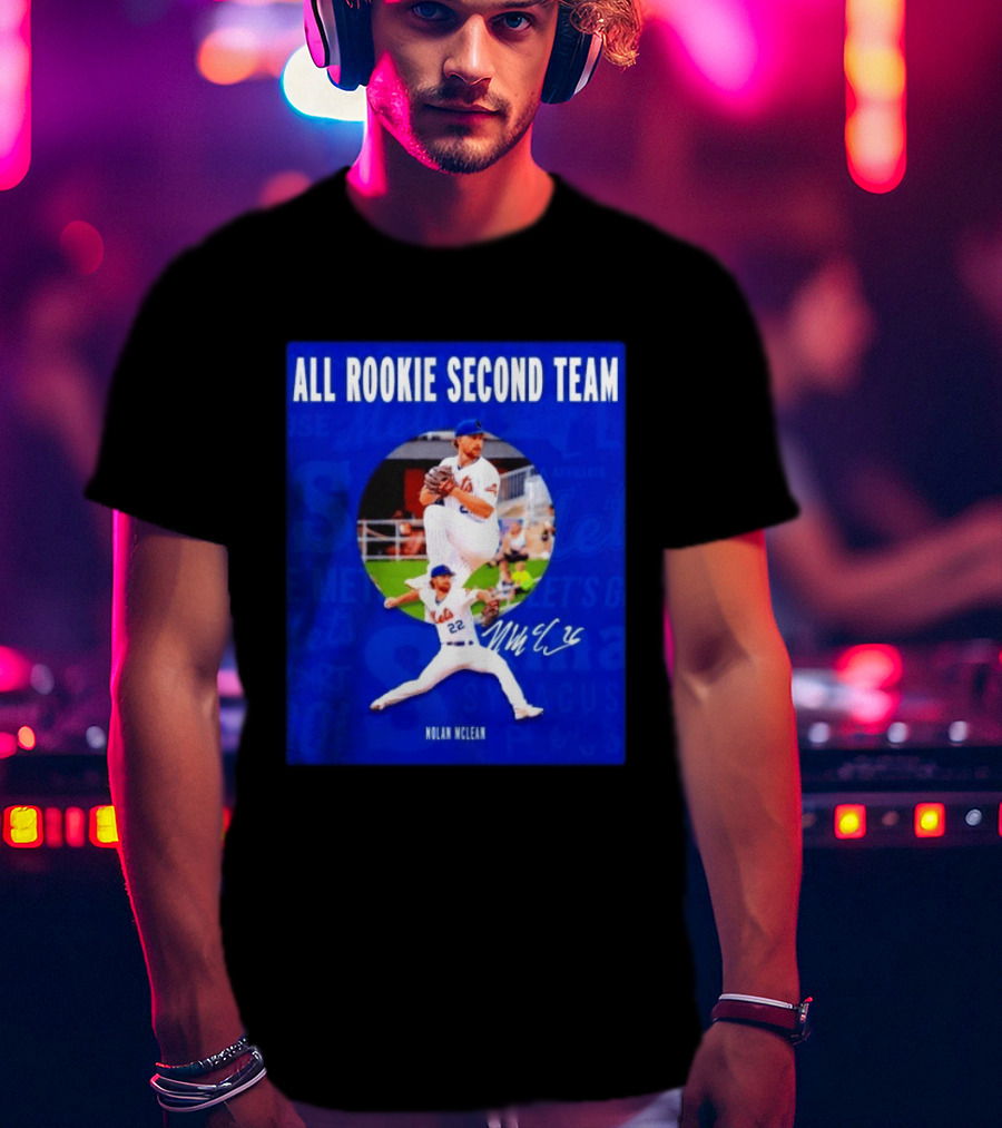 Nolan McLean No 22 Mets All Rookie Second Team Signature Pitching Action T-Shirt