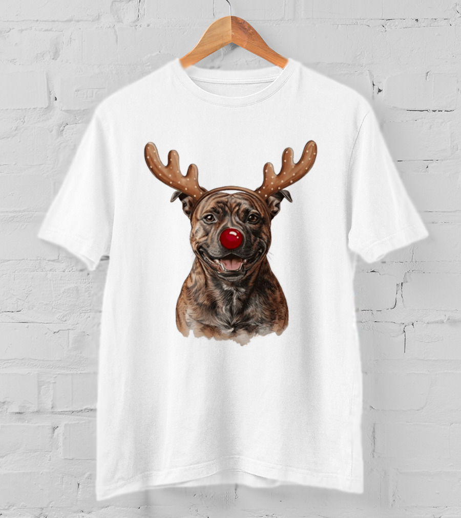 Brindle Pit Bull With Reindeer Antlers And Red Nose T-Shirt