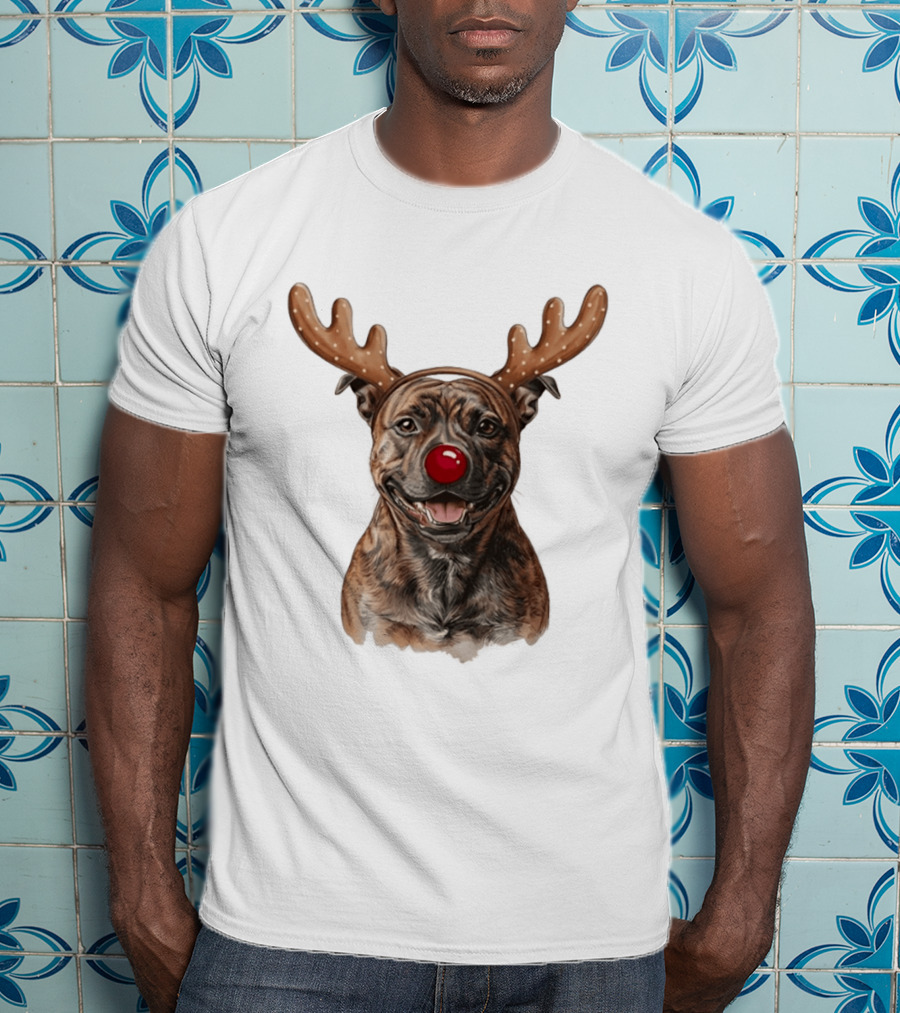 Brindle Pit Bull With Reindeer Antlers And Red Nose T-Shirt