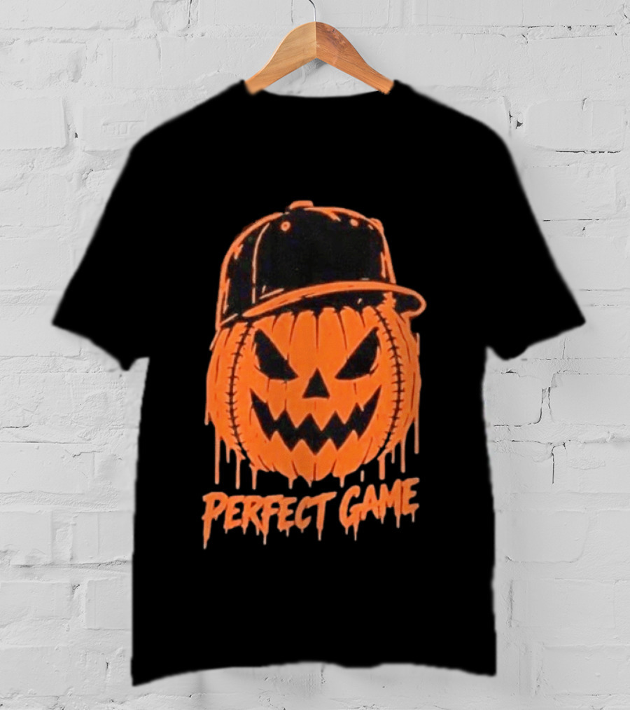 Perfect Game Halloween Pumpkin Baseball Hat Creepy Face T-Shirt