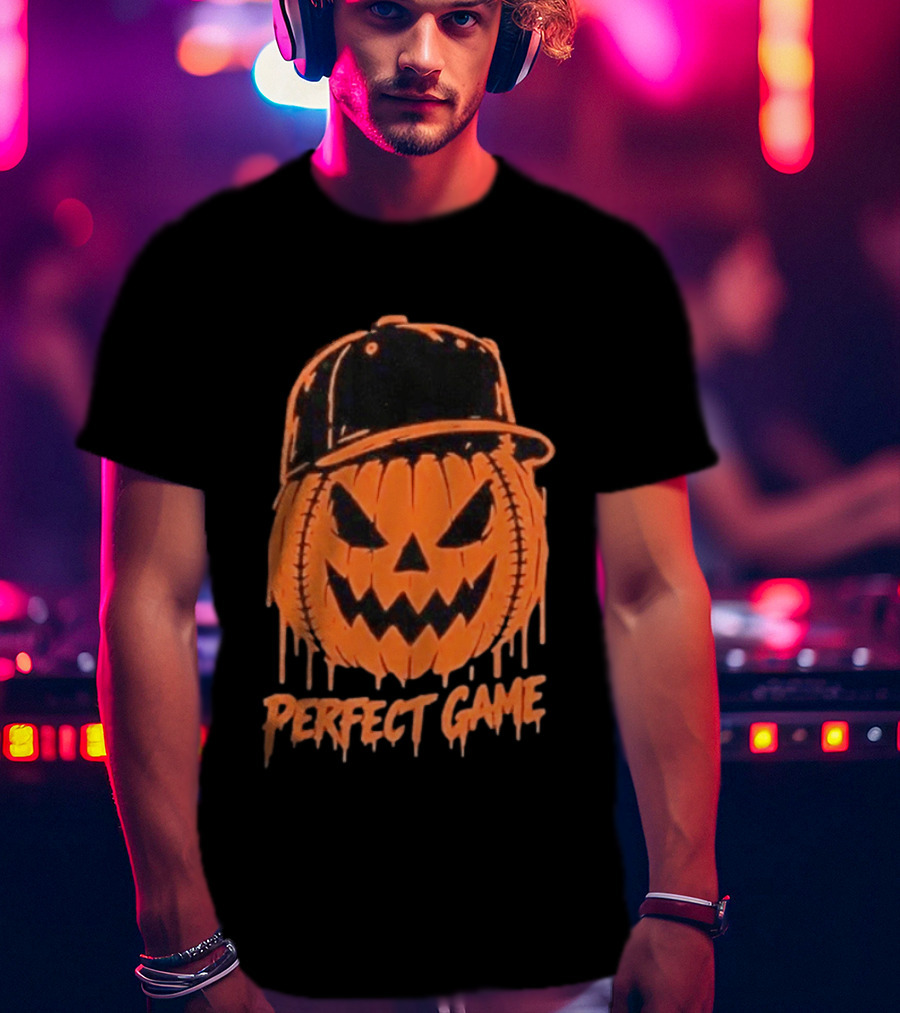 Perfect Game Halloween Pumpkin Baseball Hat Creepy Face T-Shirt