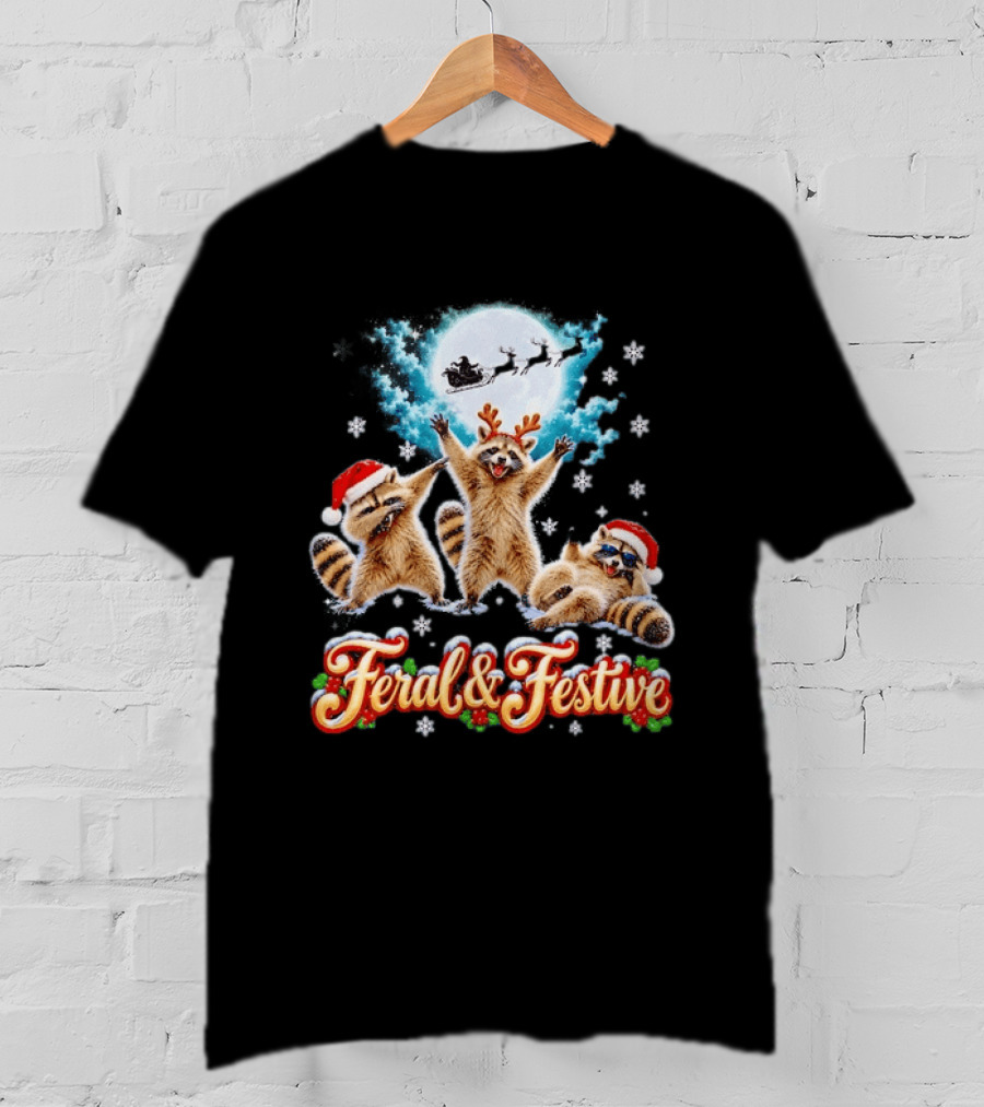 Feral And Festive Raccoons Christmas Holiday Santa And Reindeer T-Shirt