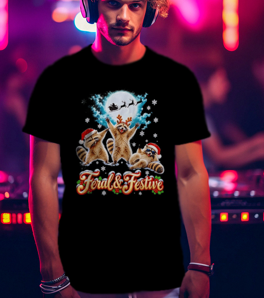 Feral And Festive Raccoons Christmas Holiday Santa And Reindeer T-Shirt