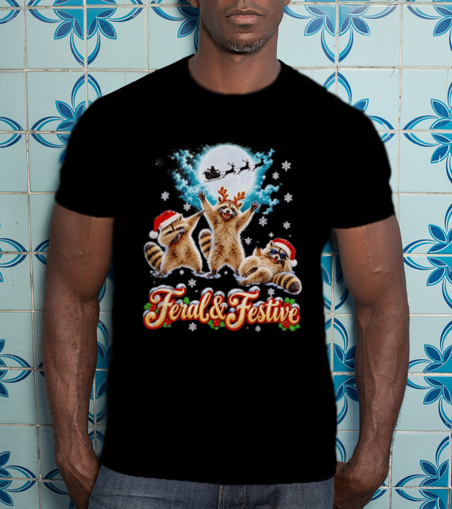 Feral And Festive Raccoons Christmas Holiday Santa And Reindeer T-Shirt