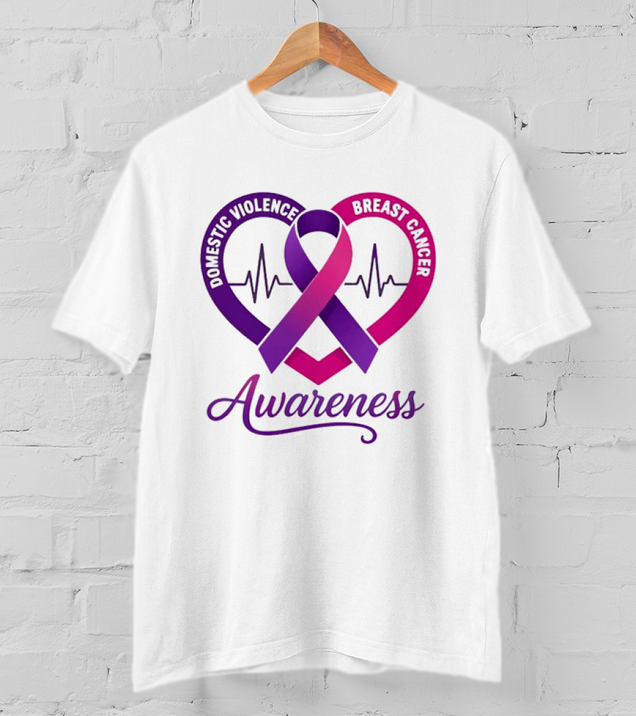 Domestic Violence And Breast Cancer Awareness Heart Ribbon Purple Pink T-Shirt