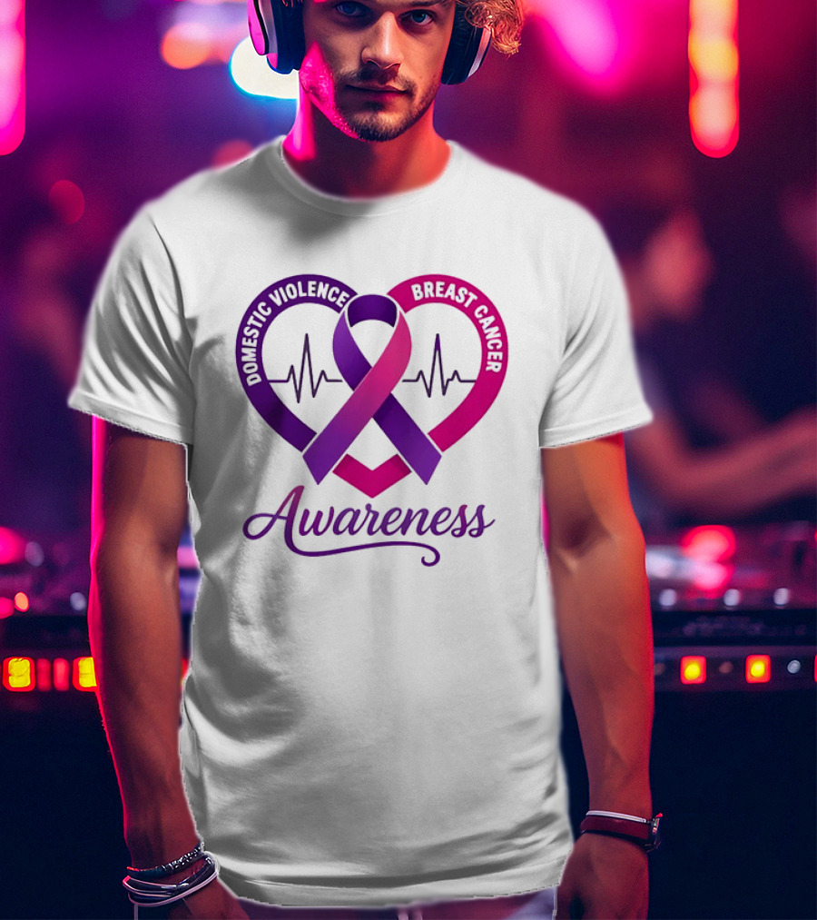 Domestic Violence And Breast Cancer Awareness Heart Ribbon Purple Pink T-Shirt
