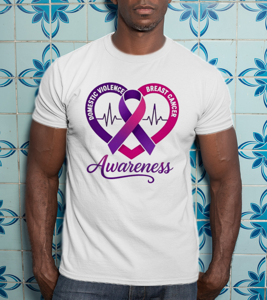 Domestic Violence And Breast Cancer Awareness Heart Ribbon Purple Pink T-Shirt