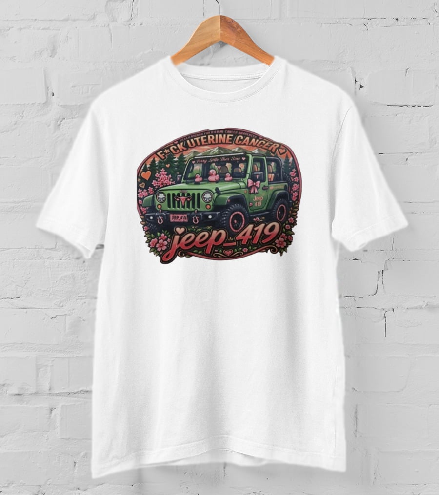 Peach Ribbon Uterine Cancer Awareness Jeep 419 Supportive Message T-Shirt