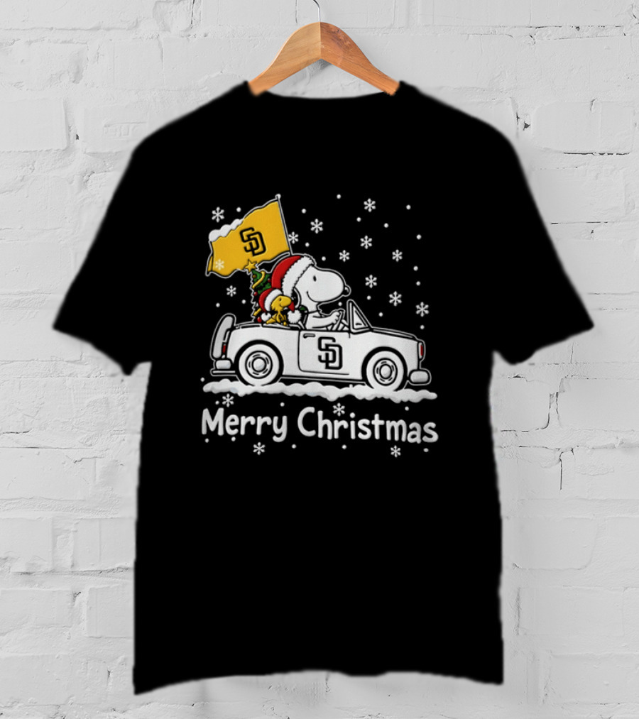 Snoopy And Woodstock Driving San Diego Padres Car Merry Christmas 2026 T-Shirt