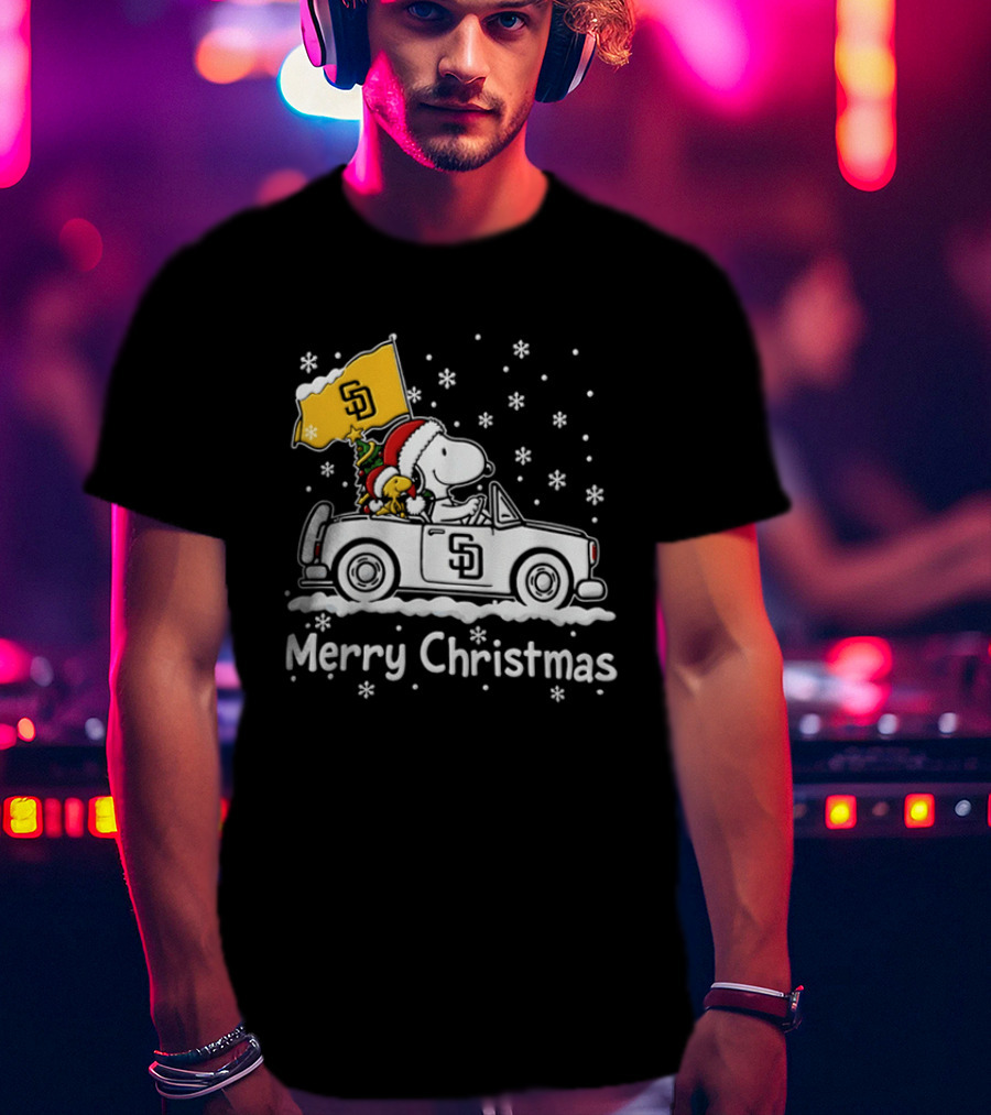 Snoopy And Woodstock Driving San Diego Padres Car Merry Christmas 2026 T-Shirt