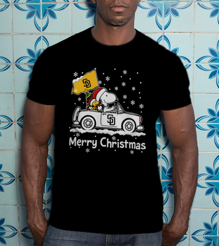 Snoopy And Woodstock Driving San Diego Padres Car Merry Christmas 2026 T-Shirt