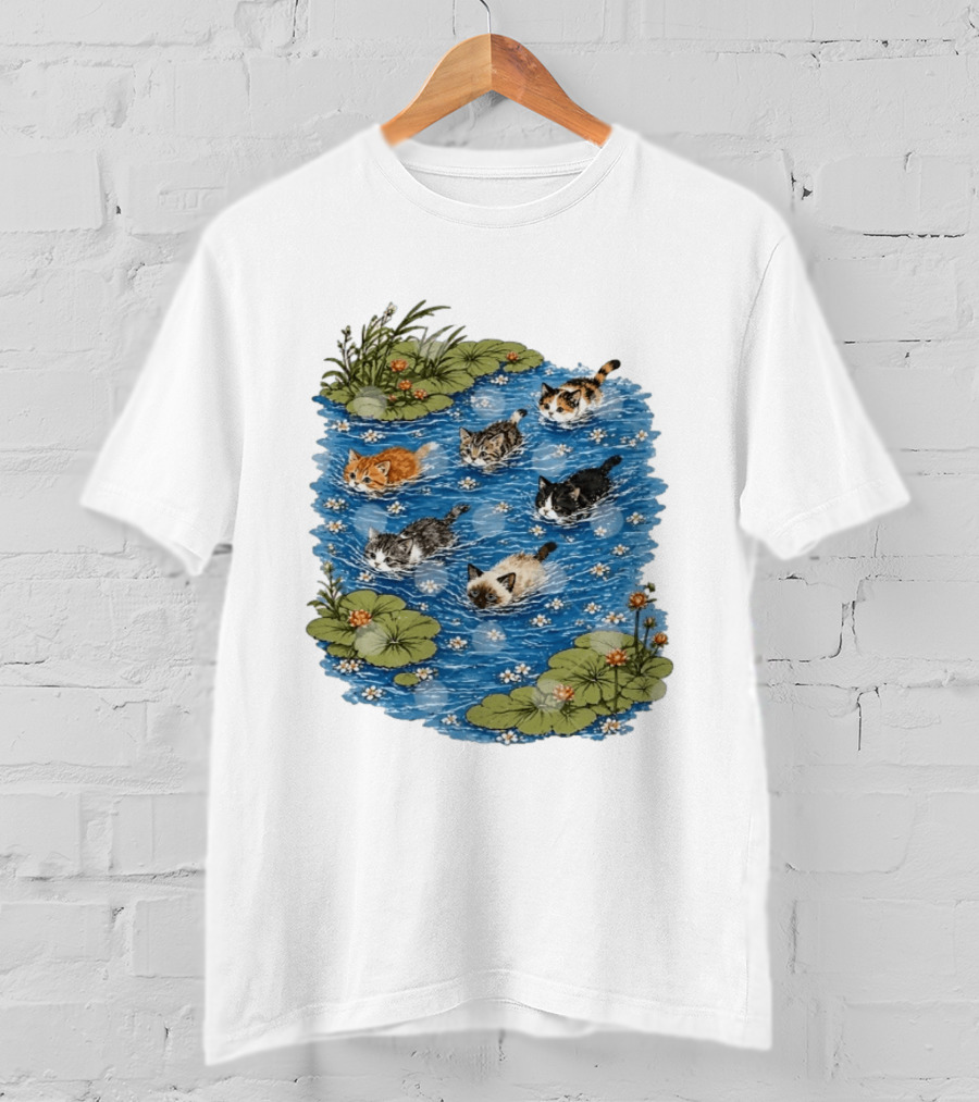 Kittens Swimming Among Water Lilies In Pond Scene T-Shirt