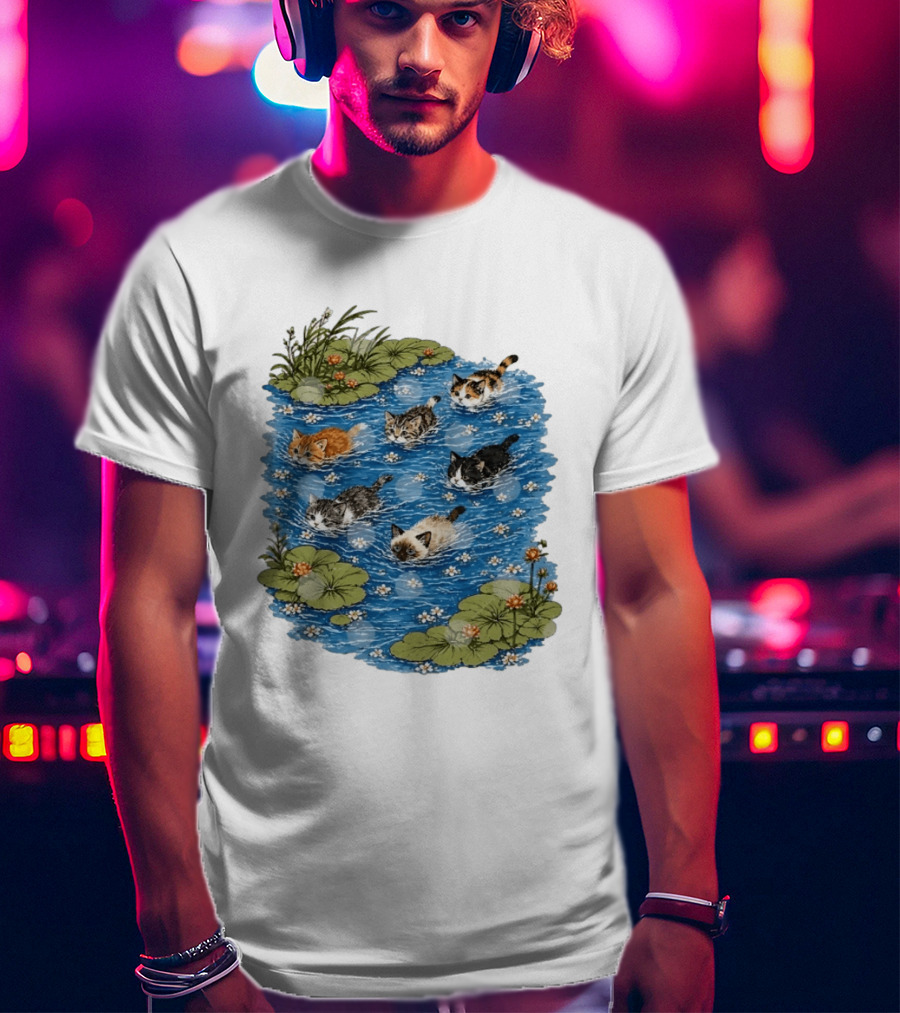 Kittens Swimming Among Water Lilies In Pond Scene T-Shirt