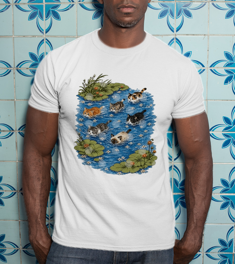 Kittens Swimming Among Water Lilies In Pond Scene T-Shirt