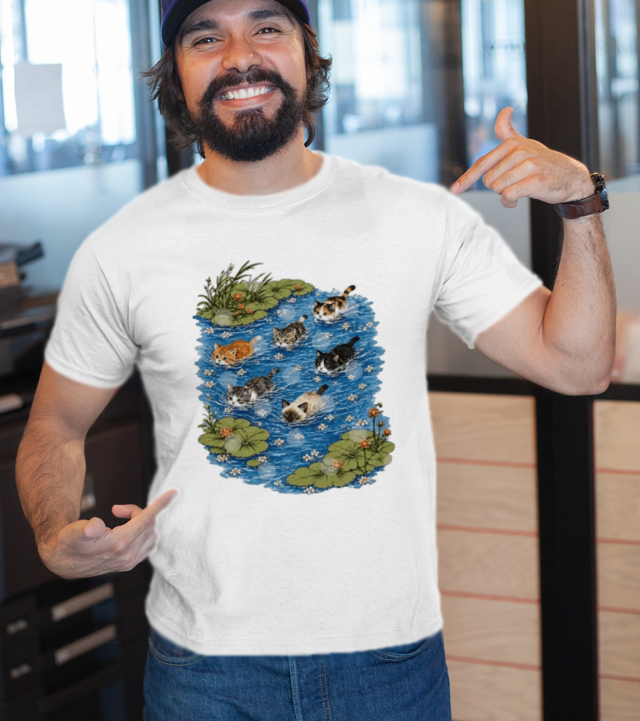 Kittens Swimming Among Water Lilies In Pond Scene T-Shirt