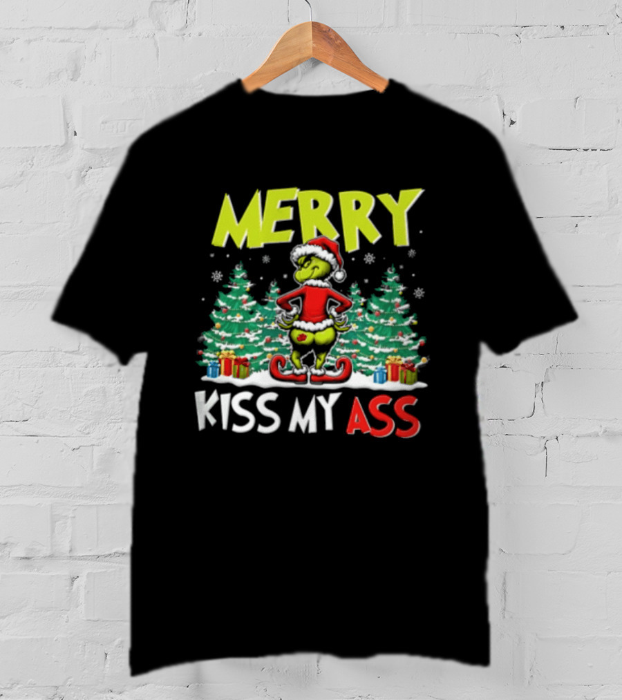 Merry Kiss My Ass Grinch Santa Outfit Mooning Christmas Trees And Gifts T-Shirt