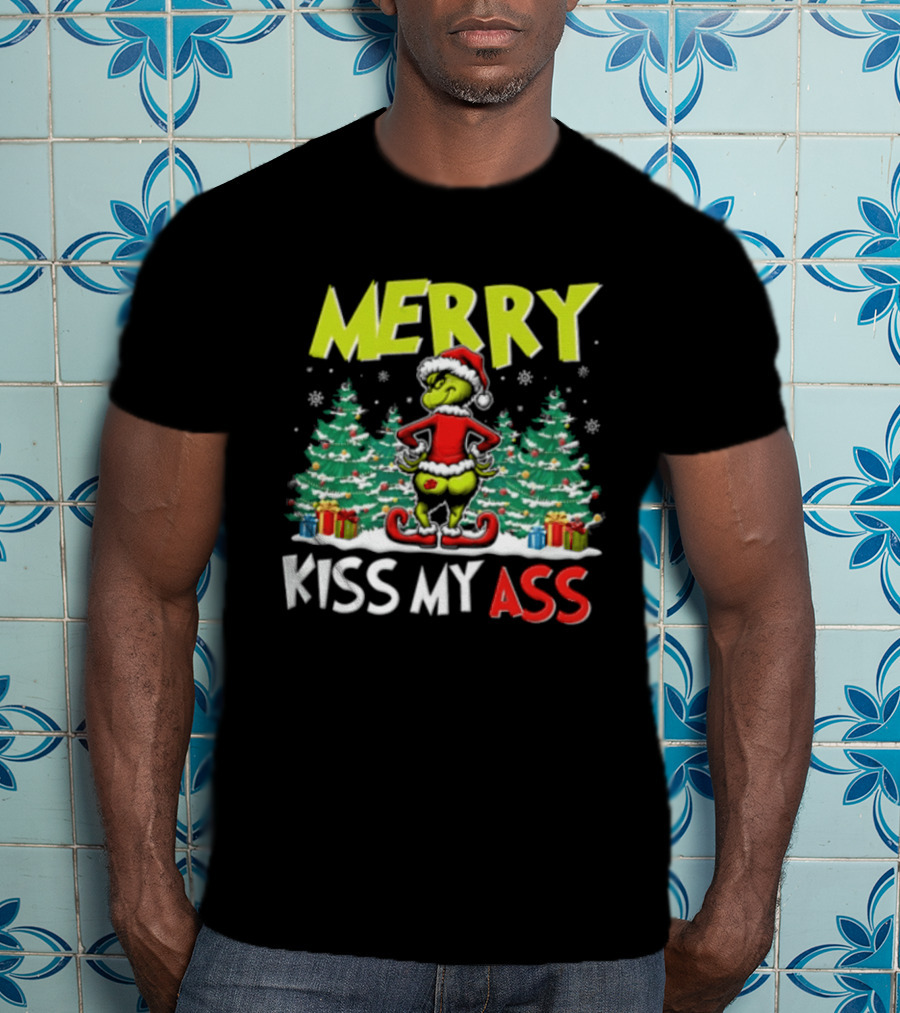 Merry Kiss My Ass Grinch Santa Outfit Mooning Christmas Trees And Gifts T-Shirt