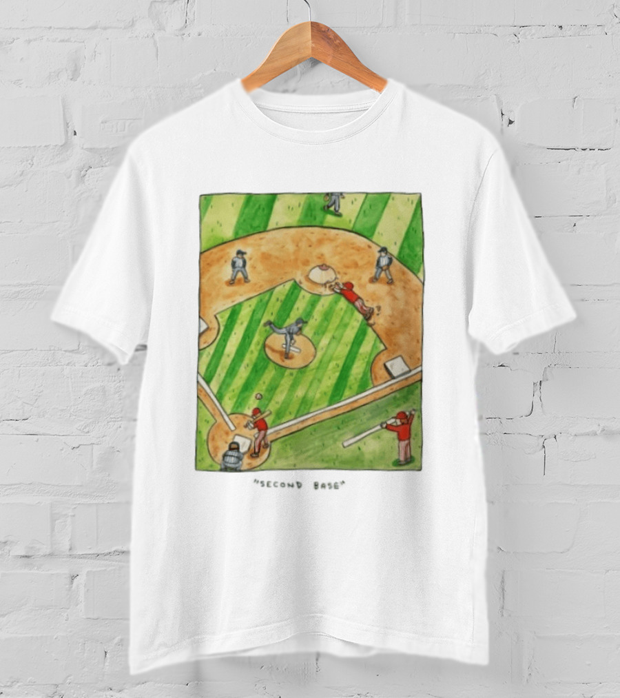 Second Base Baseball Cartoon Humor Action Play Scene T-Shirt