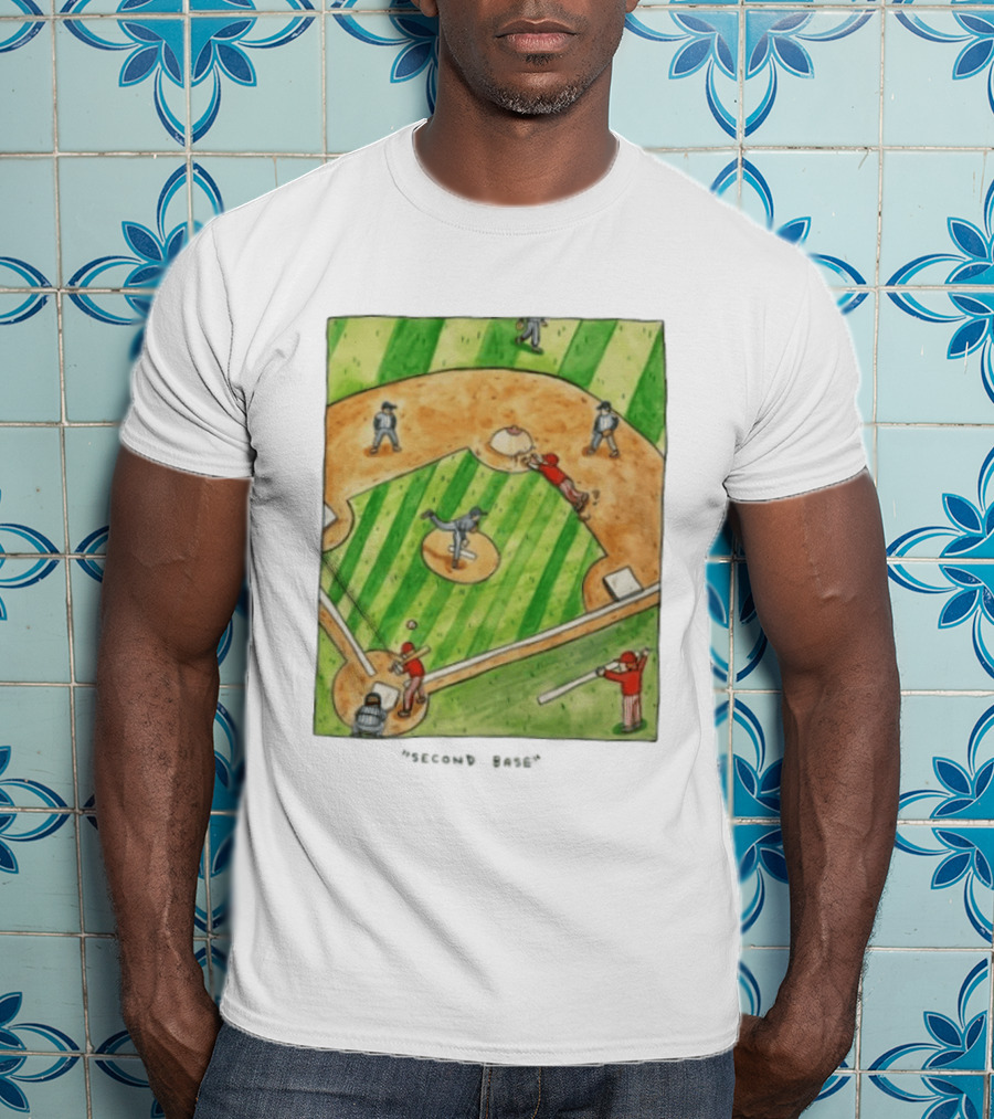 Second Base Baseball Cartoon Humor Action Play Scene T-Shirt