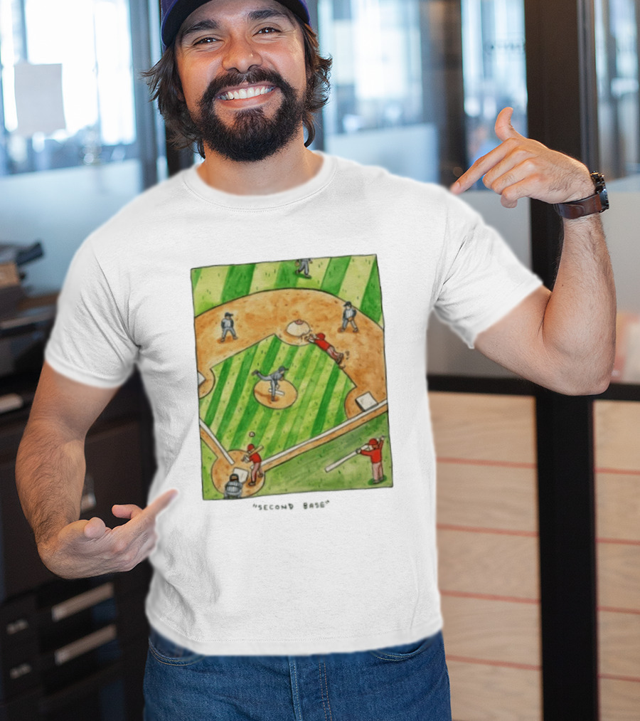Second Base Baseball Cartoon Humor Action Play Scene T-Shirt
