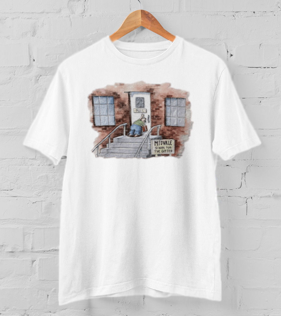 Midvale School For The Gifted 1985 Far Side Pull Door Comic T-Shirt