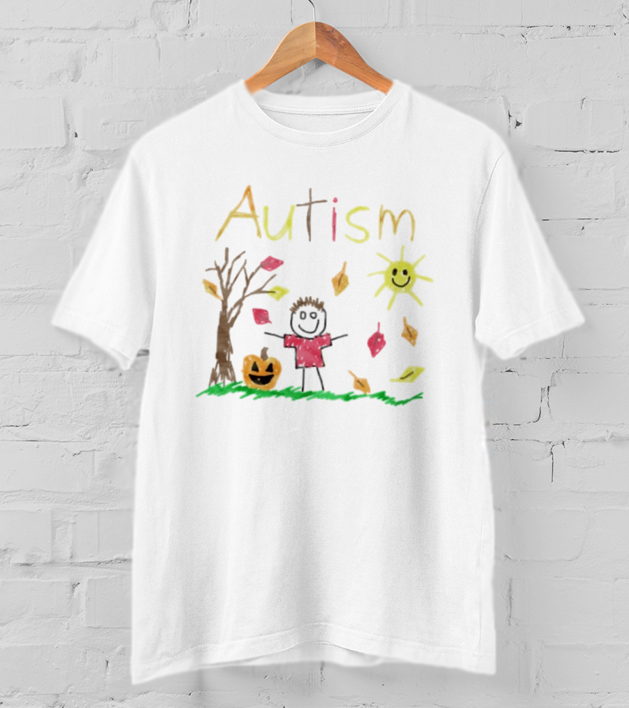 Autism Awareness Child With Pumpkin Autumn Leaves Sun And Tree T-Shirt