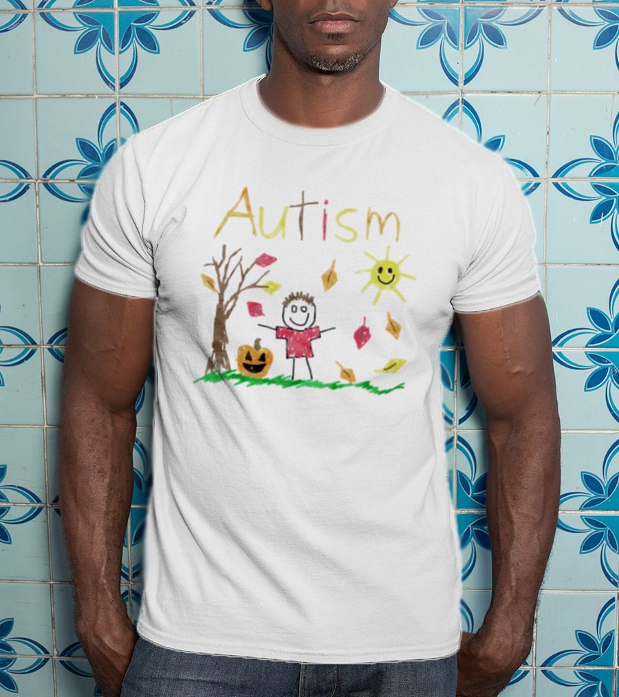 Autism Awareness Child With Pumpkin Autumn Leaves Sun And Tree T-Shirt