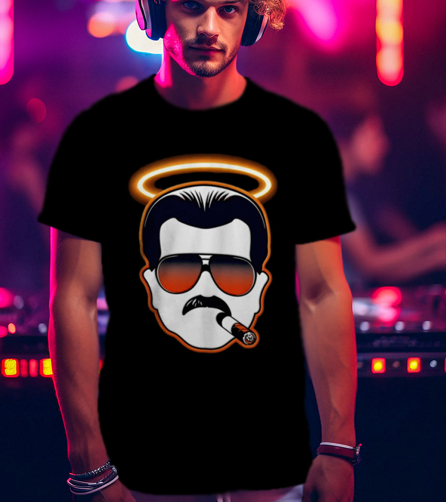Rip Mike Ditka Chicago Bear Face Sunglasses Mustache Cigar Halo T-Shirt
