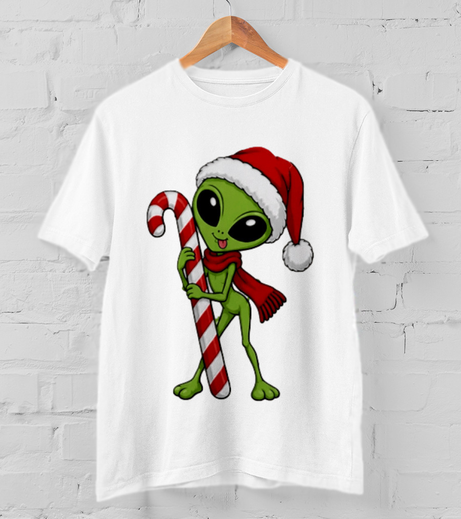 Green Santa Hat Alien With Red Scarf Holding Candy Cane Christmas T-Shirt
