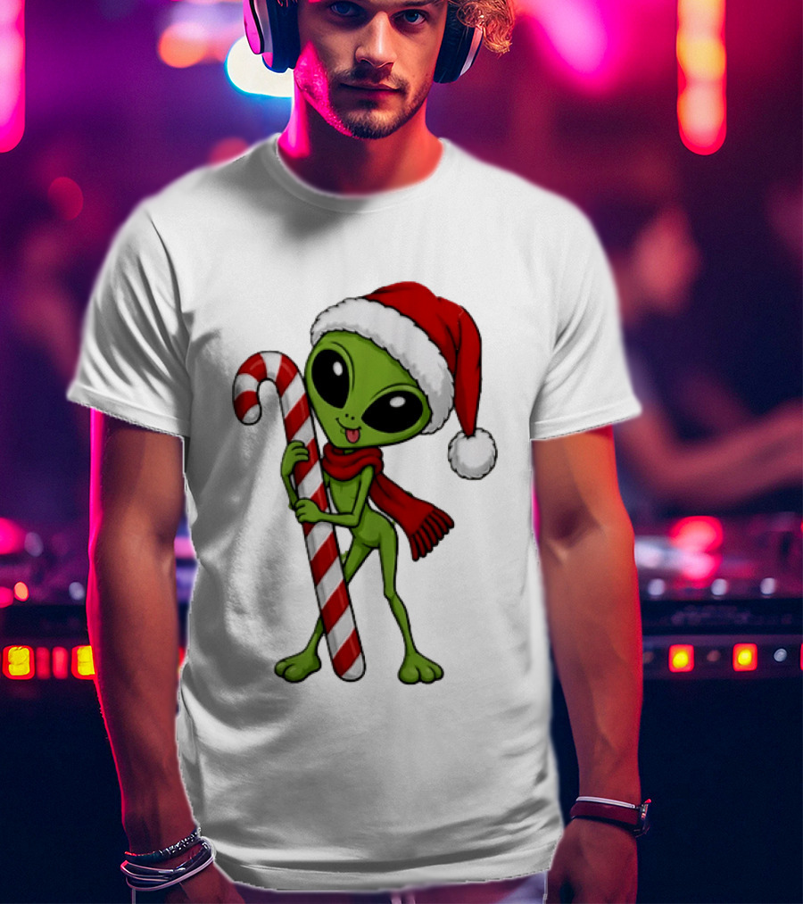 Green Santa Hat Alien With Red Scarf Holding Candy Cane Christmas T-Shirt