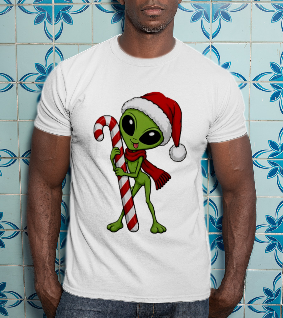 Green Santa Hat Alien With Red Scarf Holding Candy Cane Christmas T-Shirt