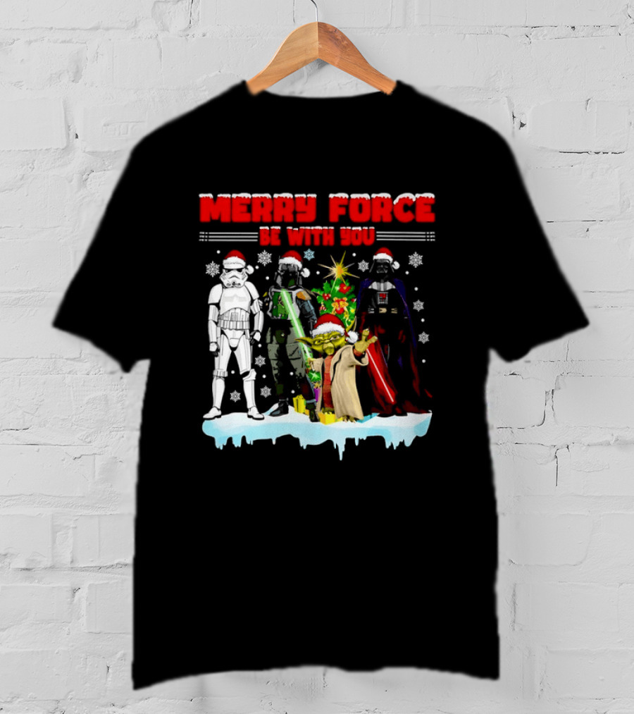 Star Wars Merry Force Be With You Christmas Characters Stormtrooper Yoda Darth Vader Santa Hats T-Shirt
