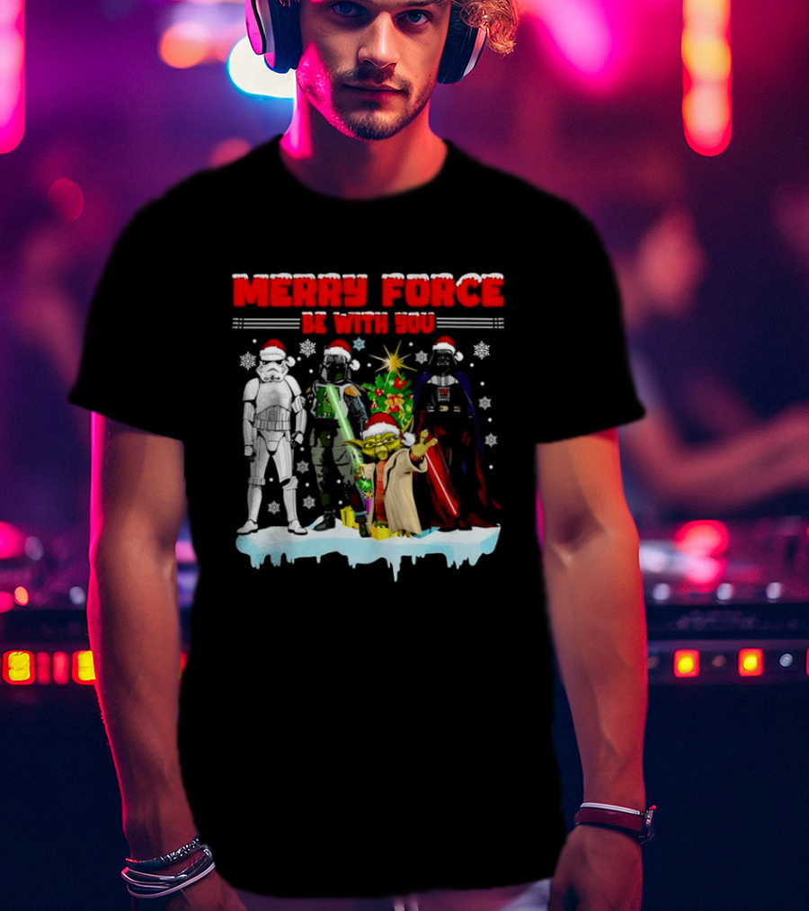 Star Wars Merry Force Be With You Christmas Characters Stormtrooper Yoda Darth Vader Santa Hats T-Shirt