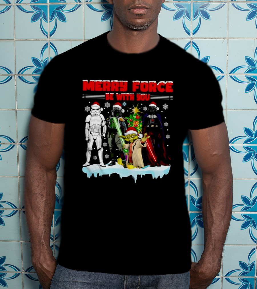 Star Wars Merry Force Be With You Christmas Characters Stormtrooper Yoda Darth Vader Santa Hats T-Shirt