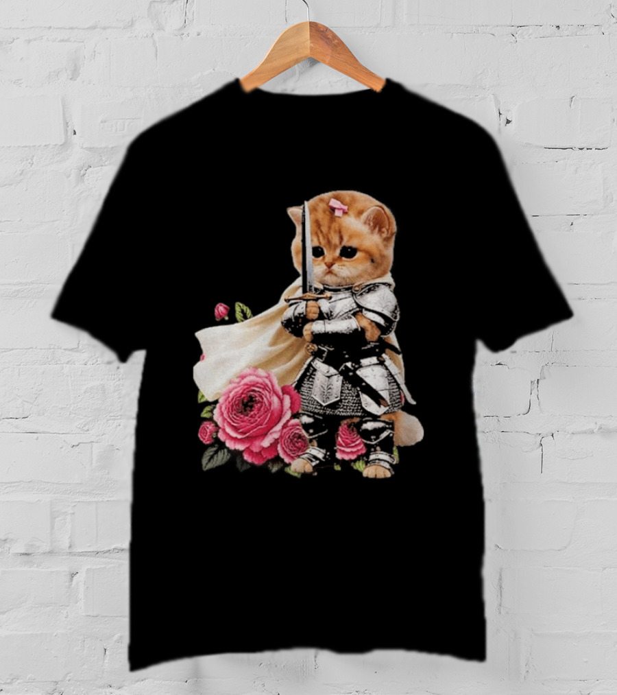 Knight Cat Holding Sword With Roses T-Shirt