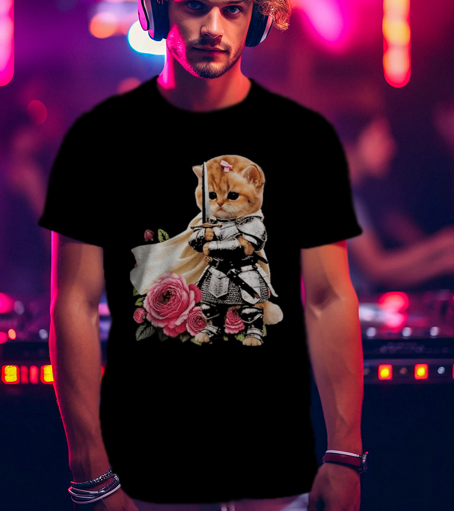 Knight Cat Holding Sword With Roses T-Shirt