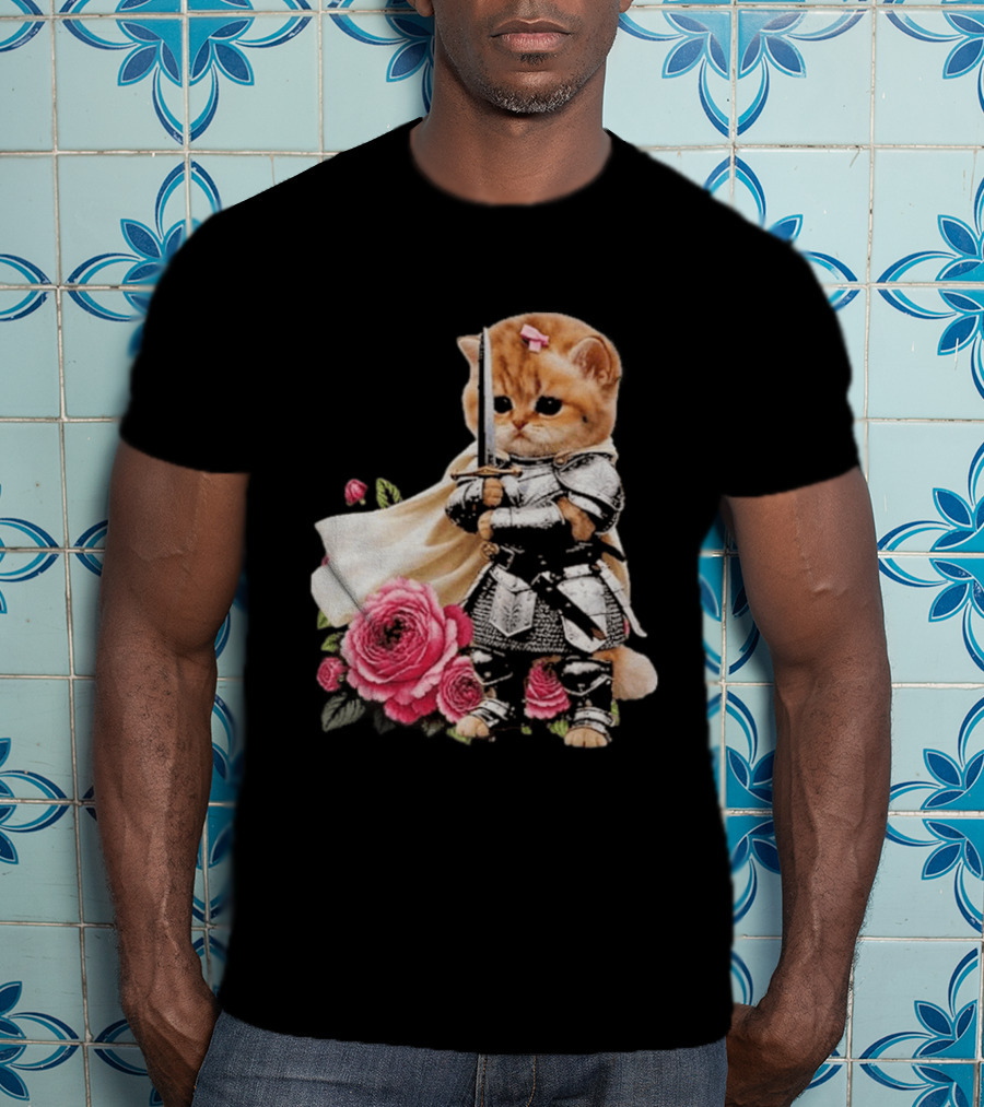 Knight Cat Holding Sword With Roses T-Shirt