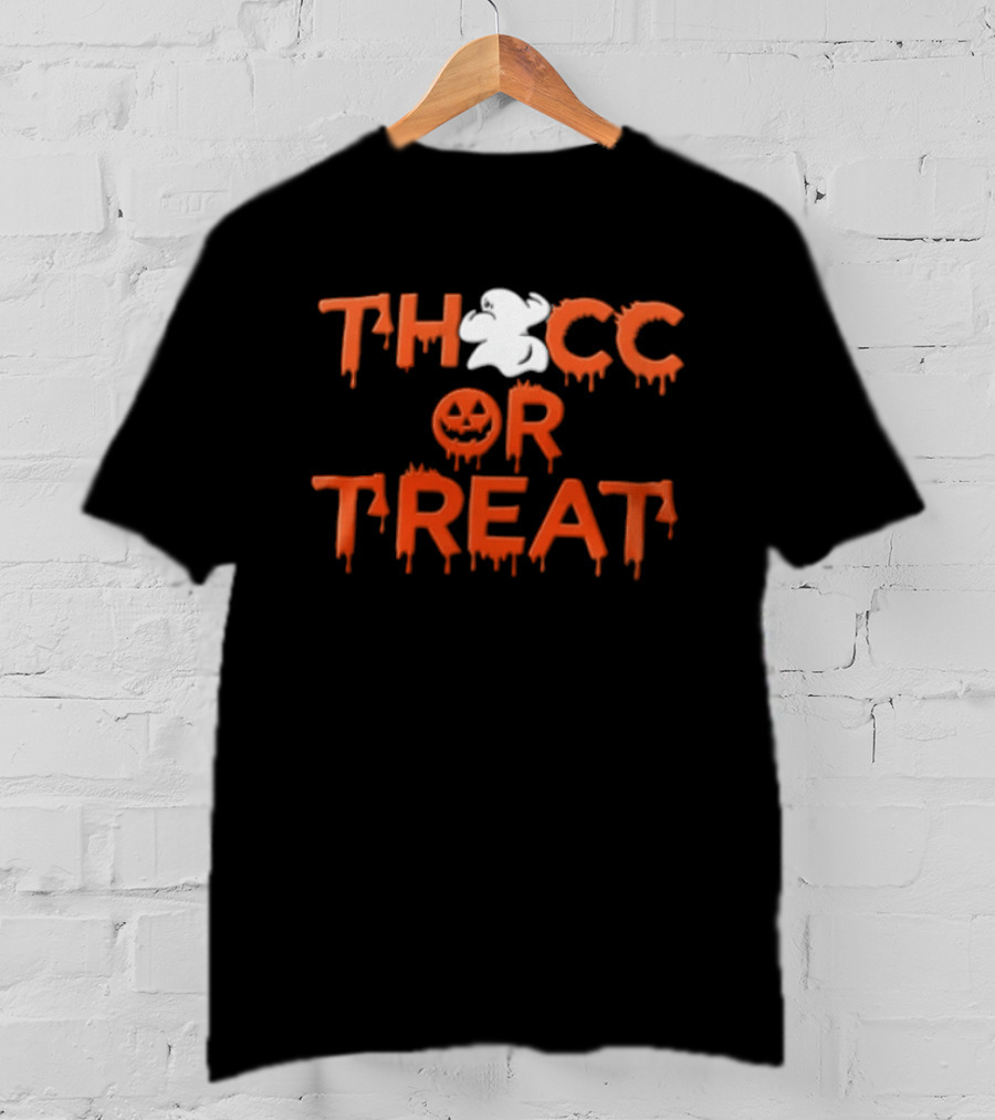 Thocc Or Treat Ghost Jack O Lantern Dripping Font Halloween T-Shirt