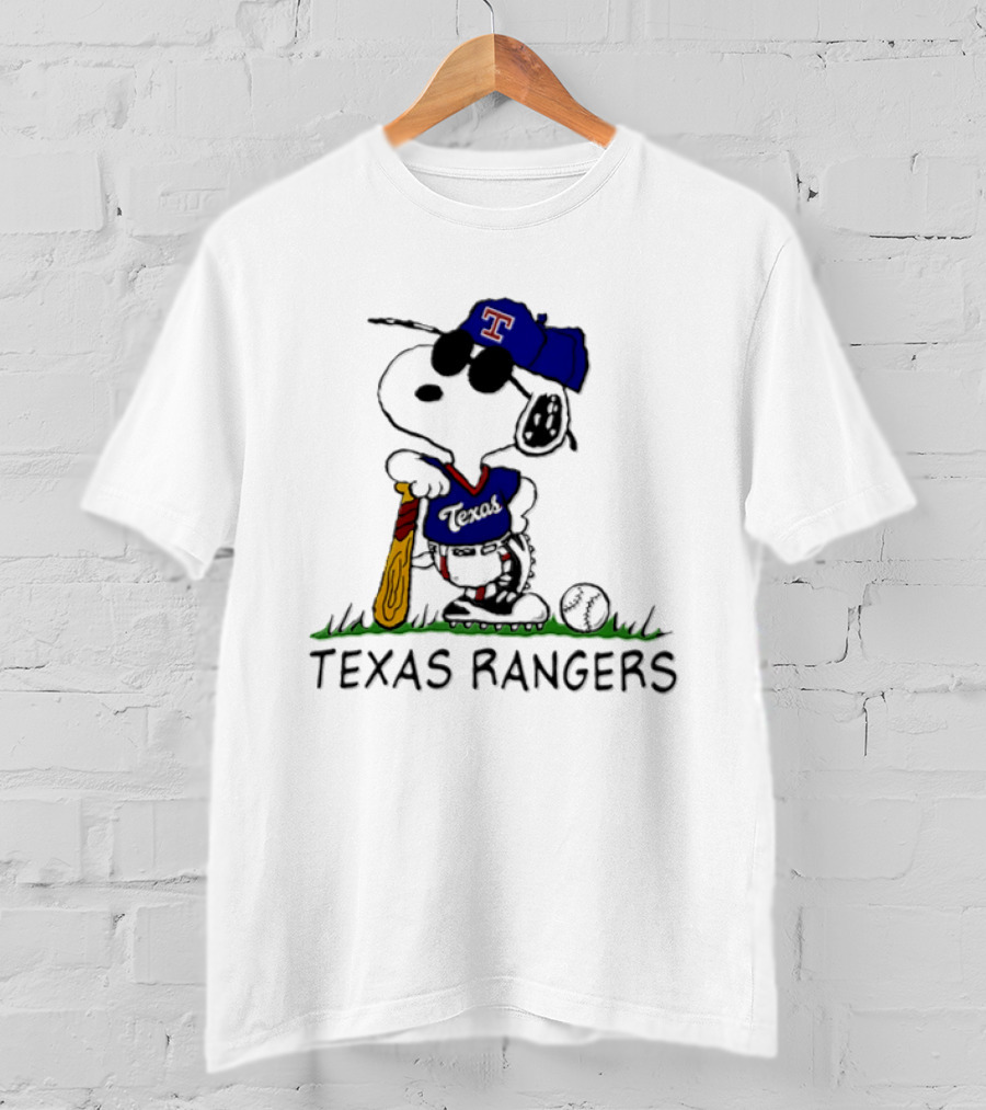 Snoopy Texas Rangers MLB Baseball Uniform With Sunglasses And Bat T-Shirt