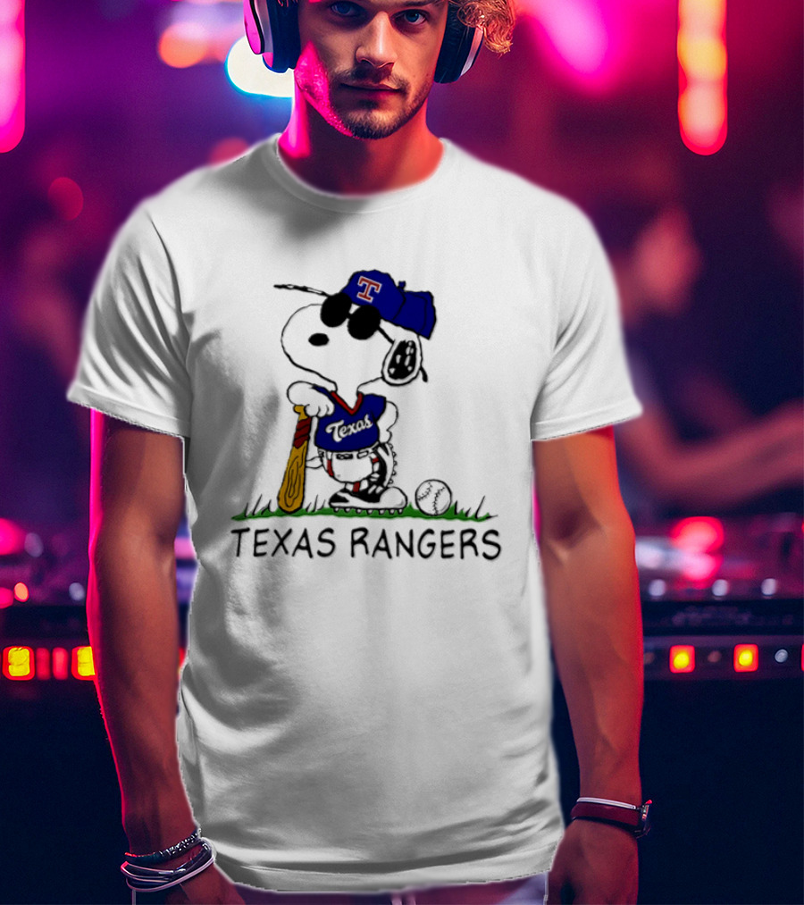 Snoopy Texas Rangers MLB Baseball Uniform With Sunglasses And Bat T-Shirt