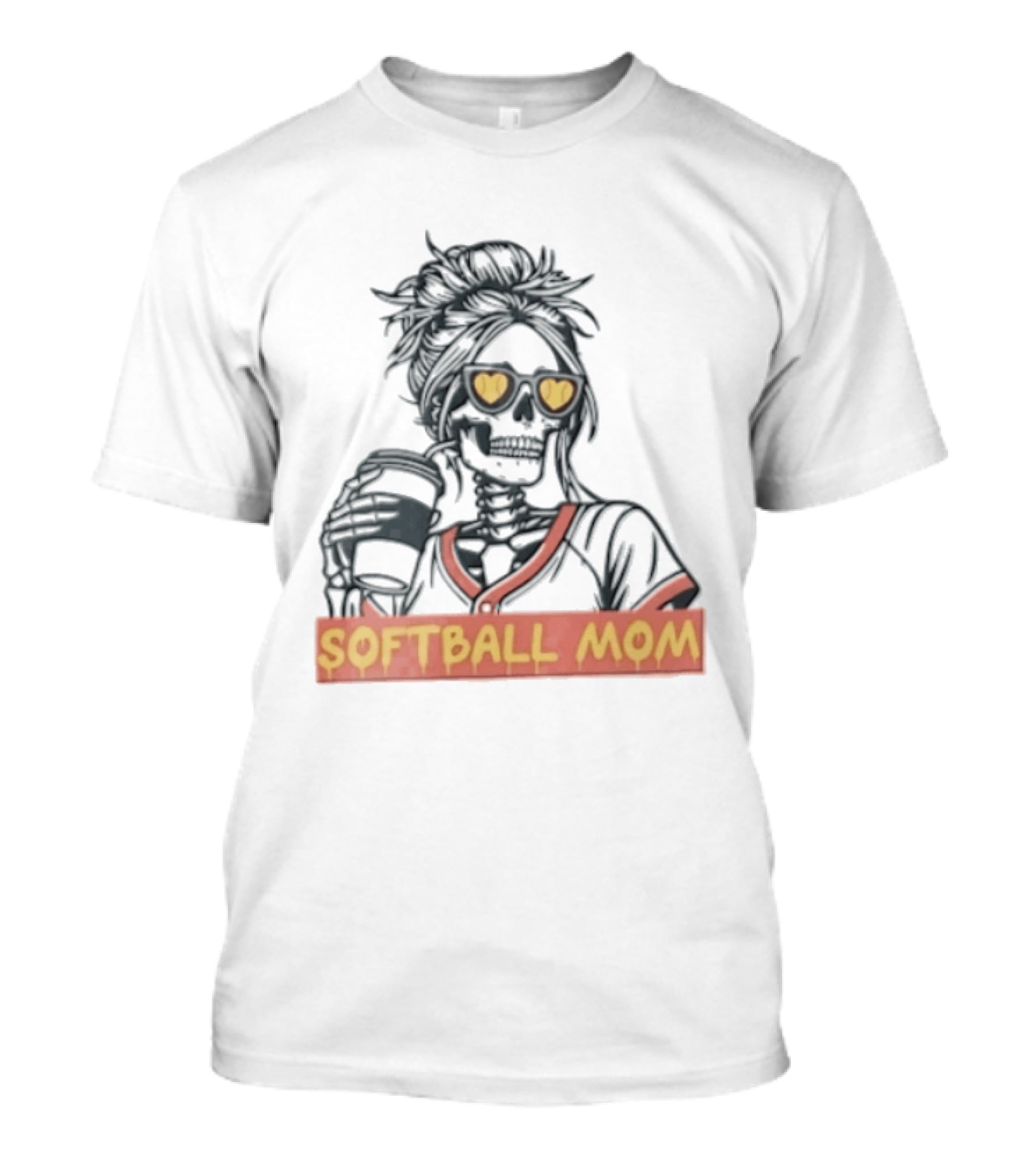 Softball MOM Skeleton Messy Bun Heart Sunglasses Coffee T-Shirt