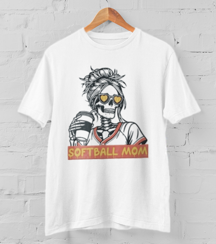 Softball MOM Skeleton Messy Bun Heart Sunglasses Coffee T-Shirt
