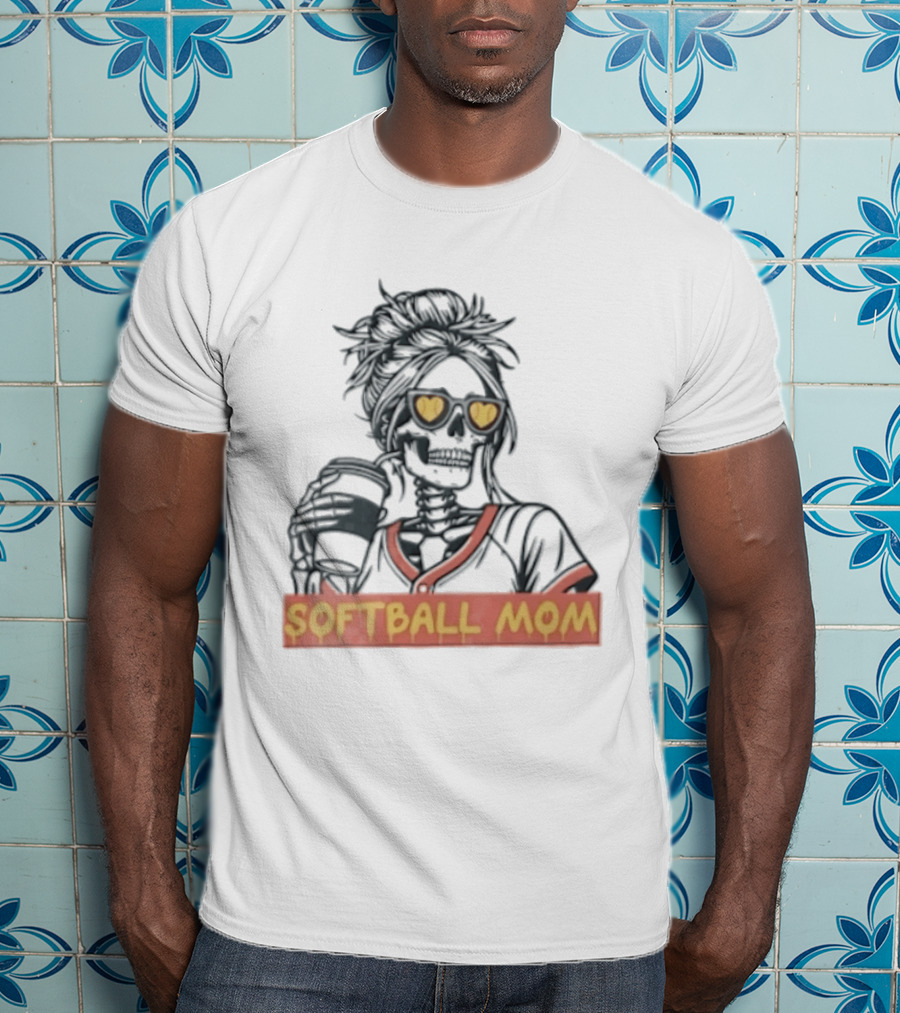 Softball MOM Skeleton Messy Bun Heart Sunglasses Coffee T-Shirt