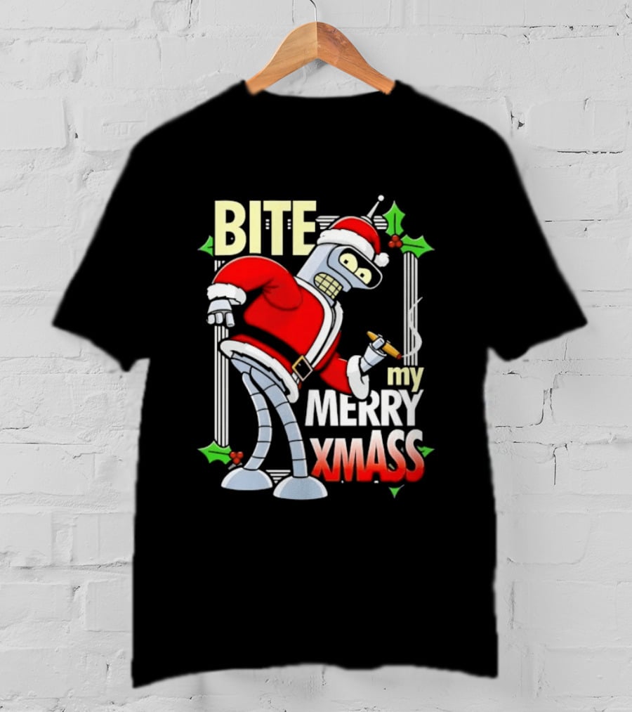 Bender Bite My Merry Xmass Futurama Santa Cigarette Hollys T-Shirt