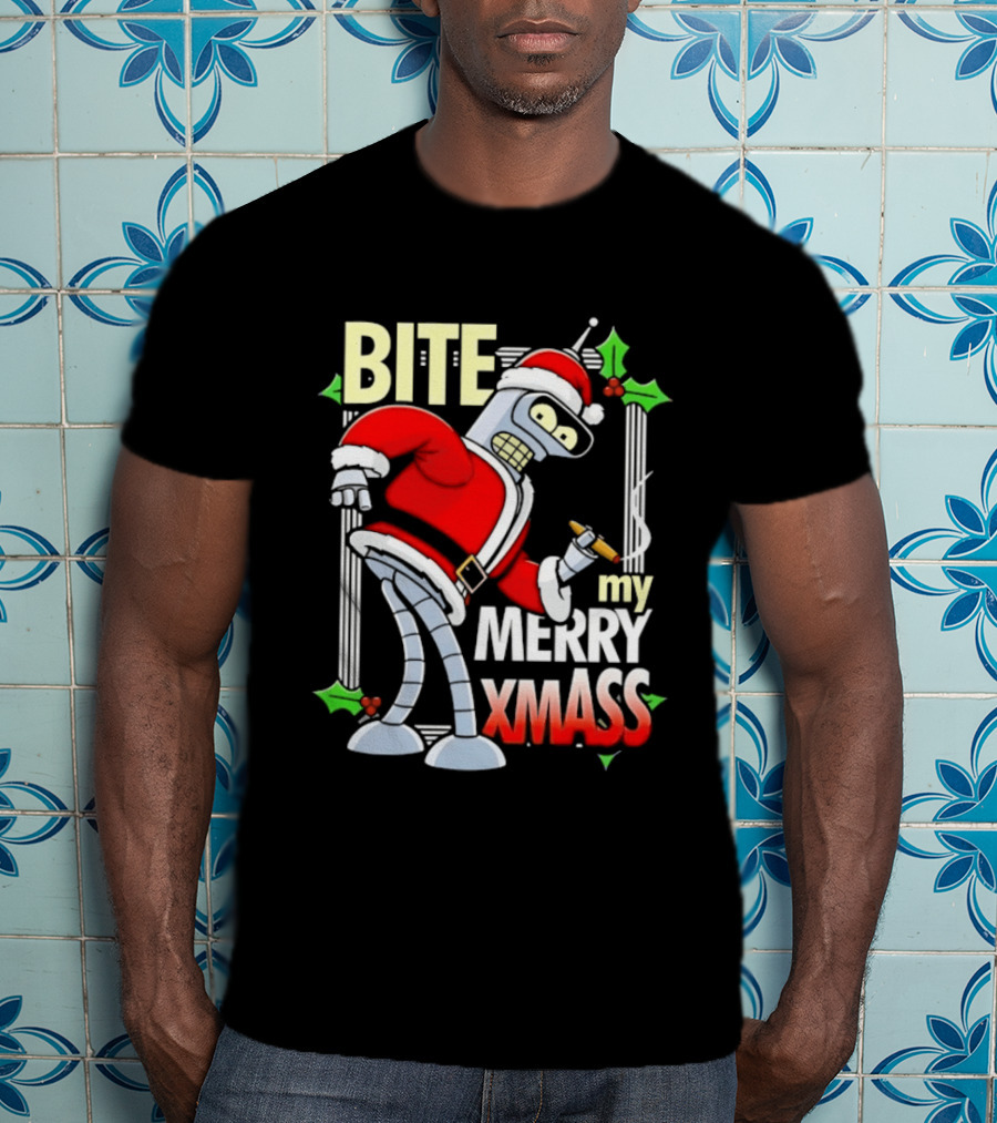 Bender Bite My Merry Xmass Futurama Santa Cigarette Hollys T-Shirt