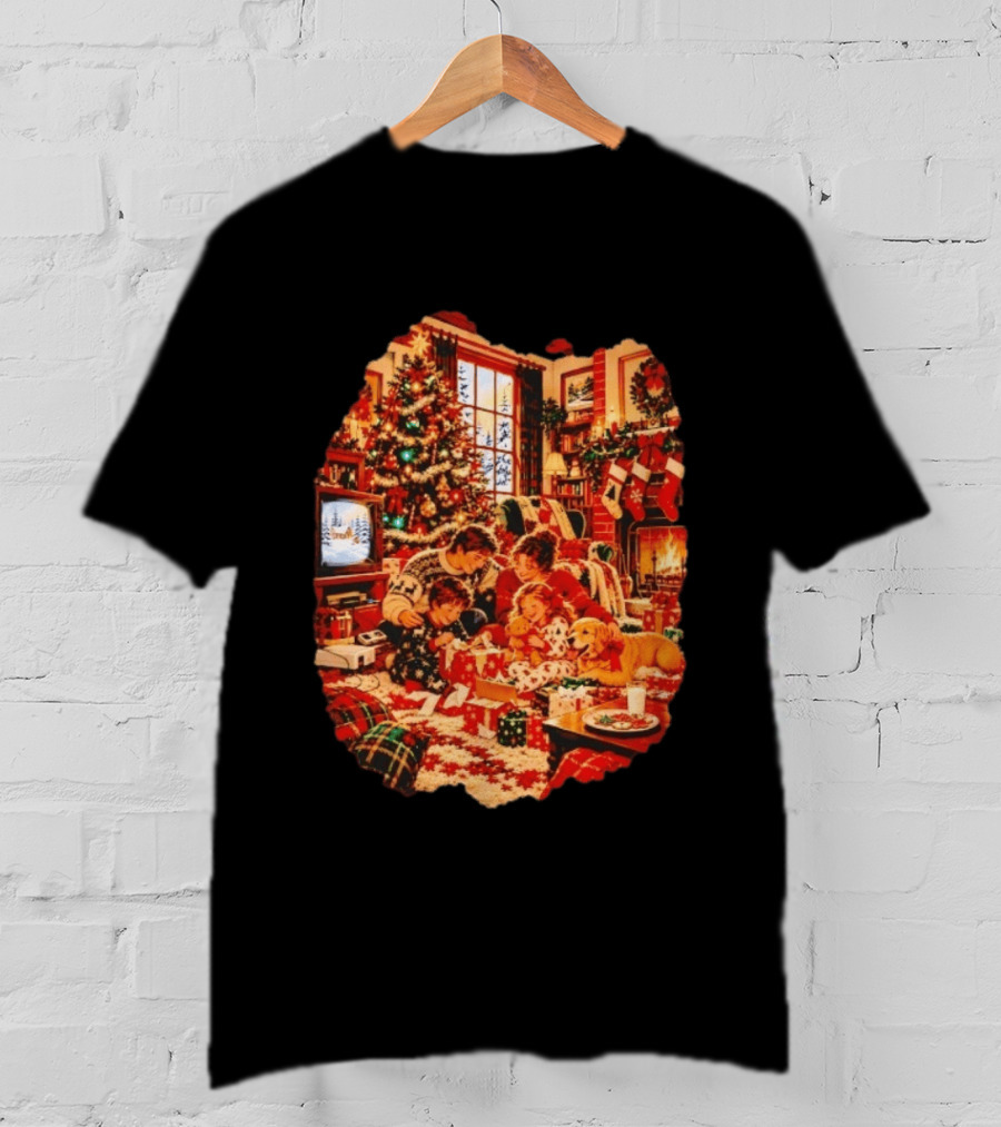 Cozy Christmas Morning Family Scene By The Fireplace With Tree And Stockings T-Shirt