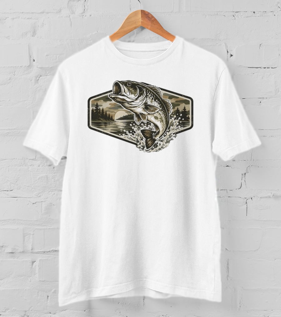 Largemouth Bass Jumping Lake Sunset Distressed Vintage Fishing T-Shirt